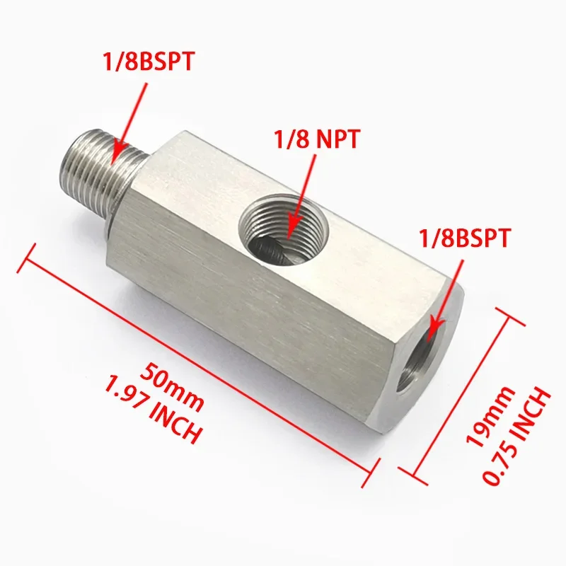 Car fuel pressure sensor tee adapter Feed Line Gauge T Port Fitting -Male female M12 M14 M10 1/8NPT 1/4NPT with Side hole 1/8NPT