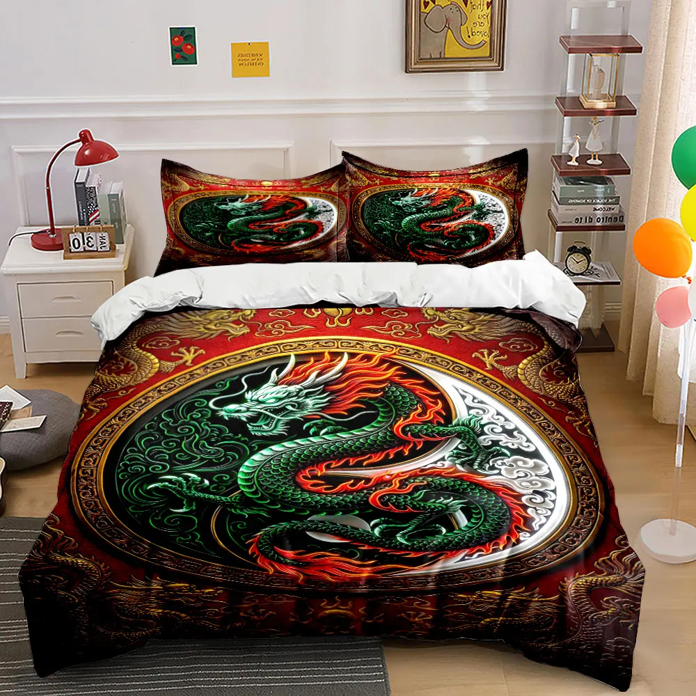 Mysterious Oriental Dragon Embroidery Print Bedding Set 1Duvet Cover 2Pillowcases for Adult and Children Luxury Gift Full Size