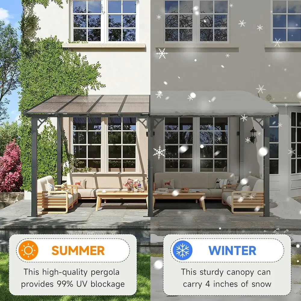 10x16T Lean to Gazebo, Hardtop Metal Pergola with Polyte Roo, Large Wall Mounted Heavy Duty Awnings, Patio or Backyard, Deck, Po view 5