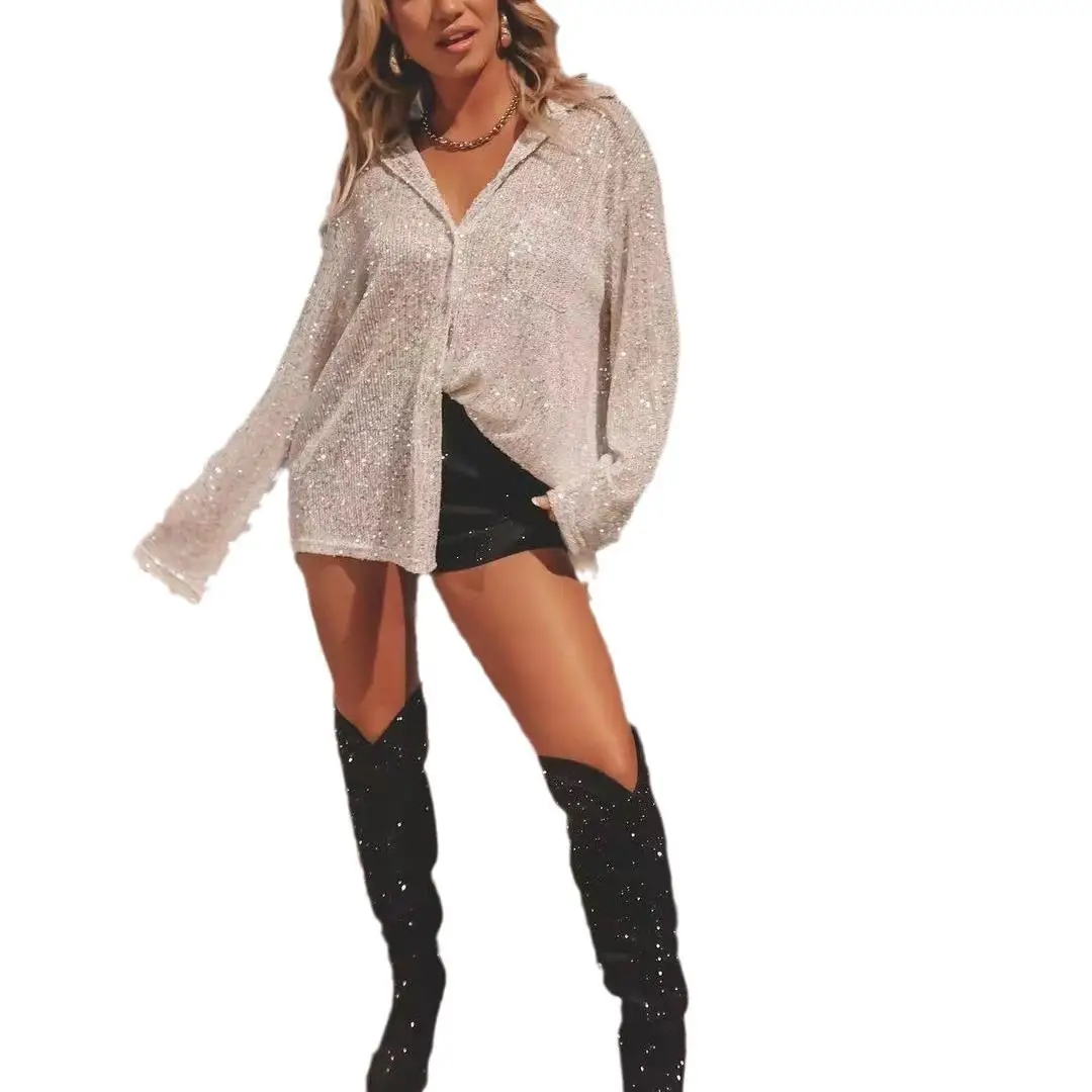 

Women's Sequined Long Sve Lapel irt Slim Fit Commute Sle Leather Fabric No Brand Registered Trademark Iron Free