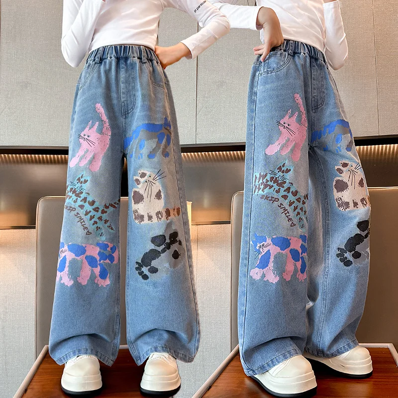 

Autumn Children Loose Straight Jeans with Cats Print for Teen Girls Casual Denim Pants Kids High Fashion Street Jeans Trousers