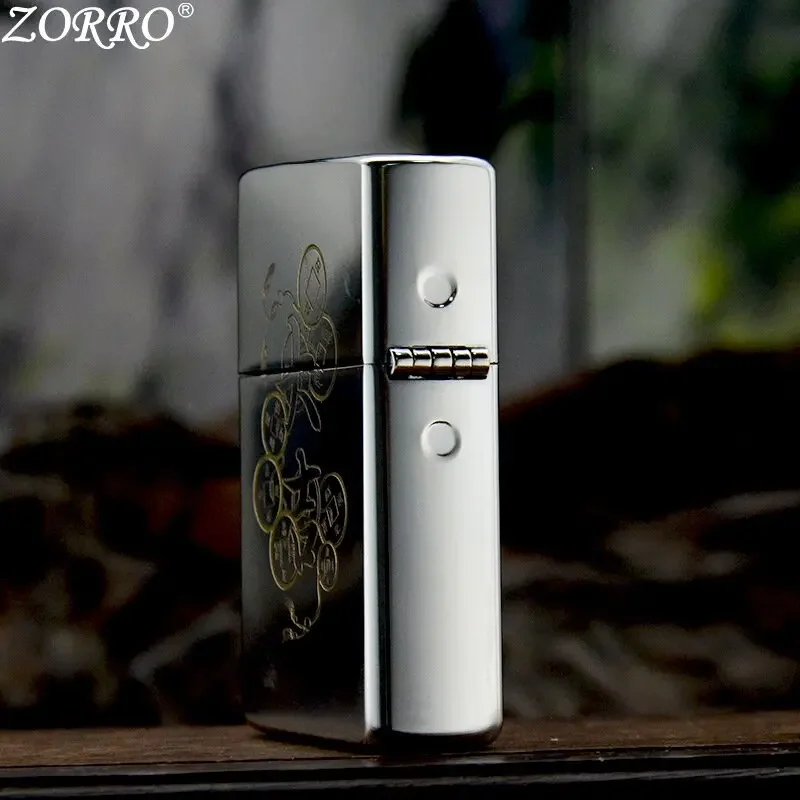 2027 ZORRO Genuine Brass Bright Chrome Two-color Carved Copper Coin Lucky Cat Kerosenes Lighter Personalized Birthday Gift