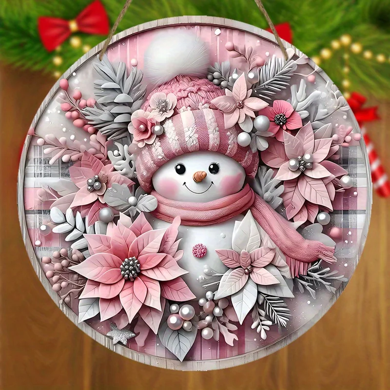 Rosa Weihnachts-Schneemann-Holzschild, 2D-Relief-Effekt aus rosa Weihnachtskranz-Schild für Haustür, Wandbehang, Dekor, ideal – Detail 2