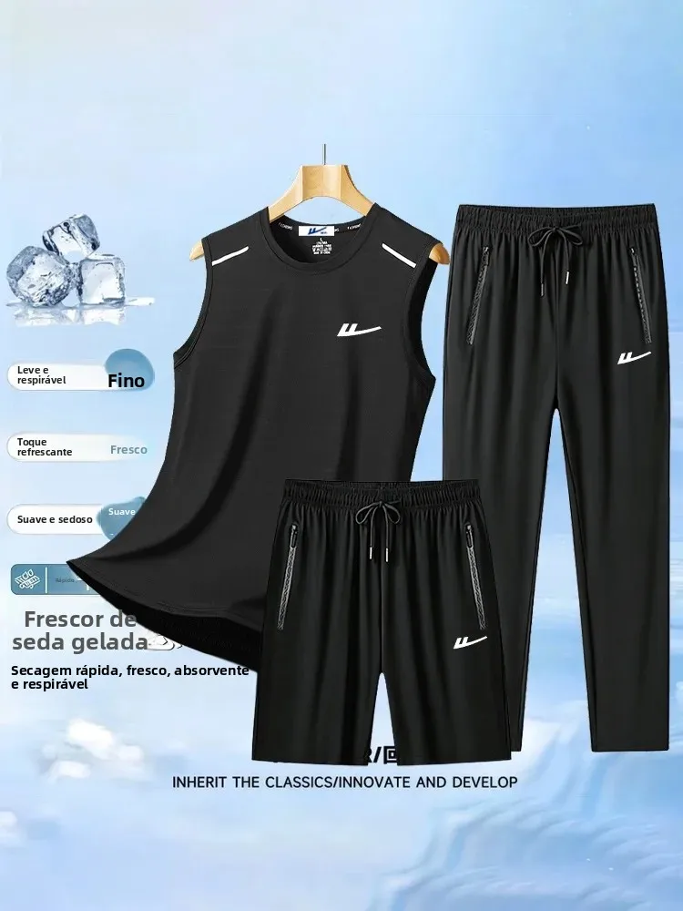 men's-ice-silk-running-fitness-casual-wear-sleeveless-three-piece-set-quick-dry-breathable-polyester-fiber-short-shorts