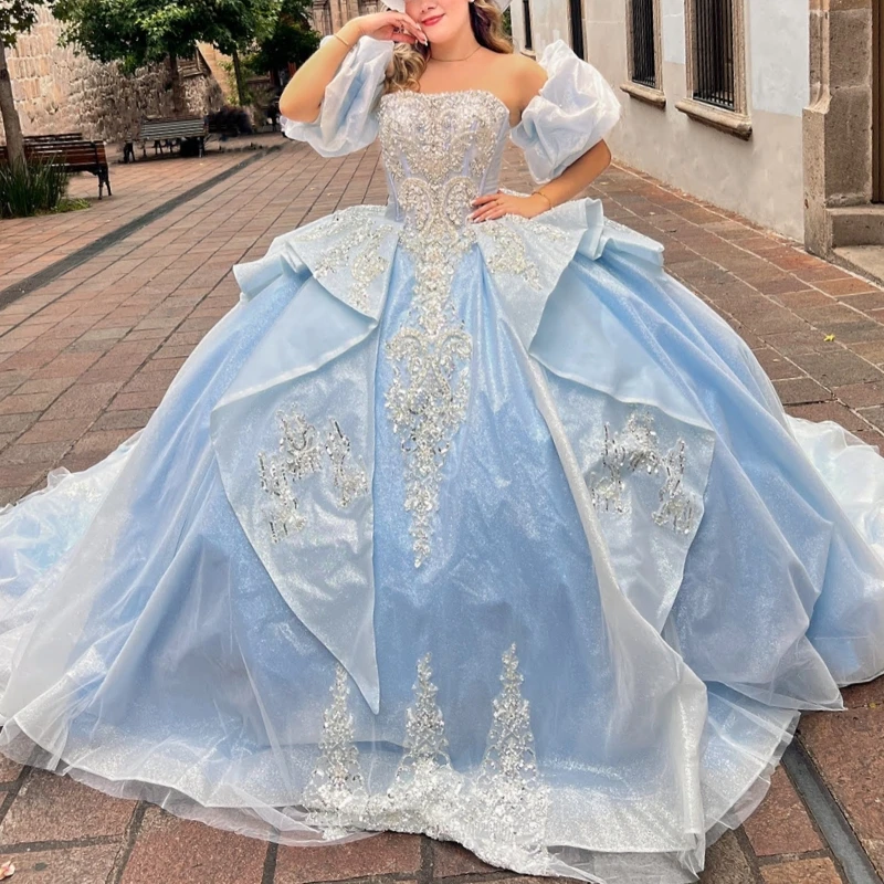 

Sky Blue Shiny Quinceanera Dresses Off The Shoulder Sequin Applique Lace Beading Crystal Tull Party Birthday Sweet 16 Dress Vest