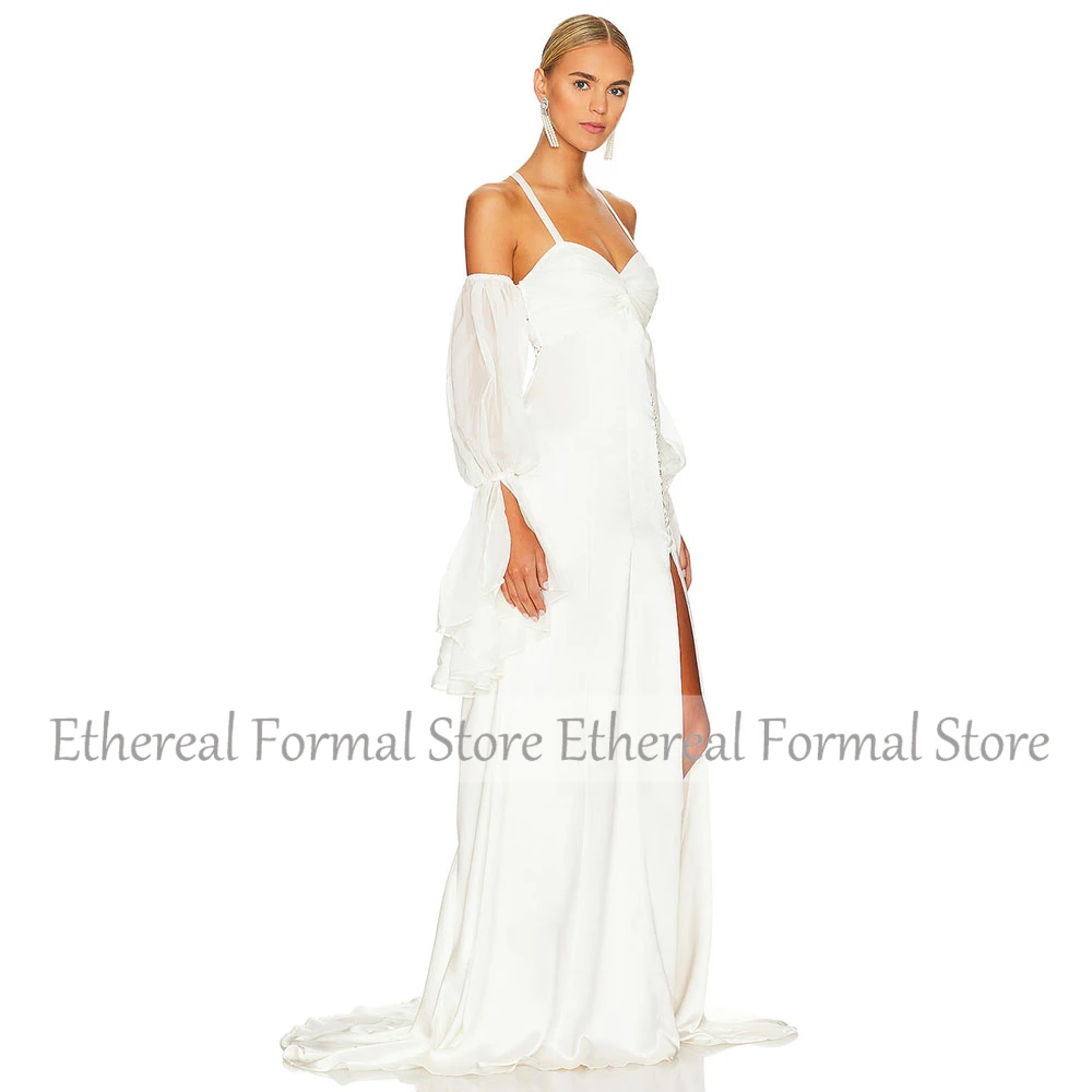 Элегантное вечернее платье цвета слоновой кости, платье для выпускного вечера на свадьбу, длиной до пола, вечернее платье на тонких бретельках с пышными рукавами