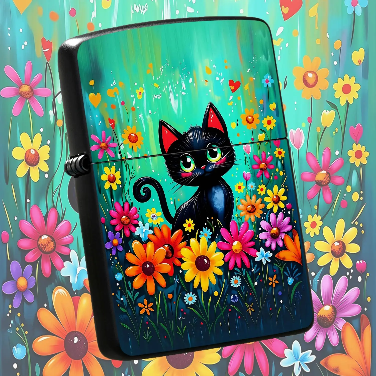 Cute Cartoonin Vibrant Wildflowers Field Lighter, Whimsical Kitten With Big Sparkling Eyes Art Print Portable Lighter, Delicate Colorful Floral Themed Practical Accessory, Ideal Sweet Present For Friends Family For Dail A Humorous And Inter