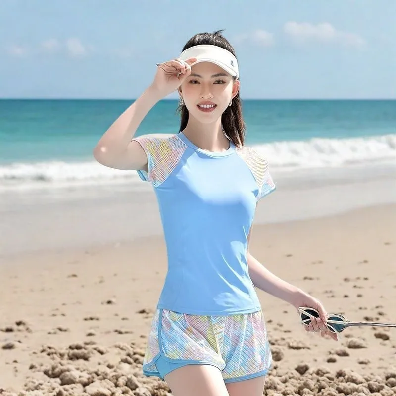 Women's Plus Size Long Sleeve Quick Dry Tummy Control Korean Tankini Bathing Suits for Dames Summer Beachwear With Shorts