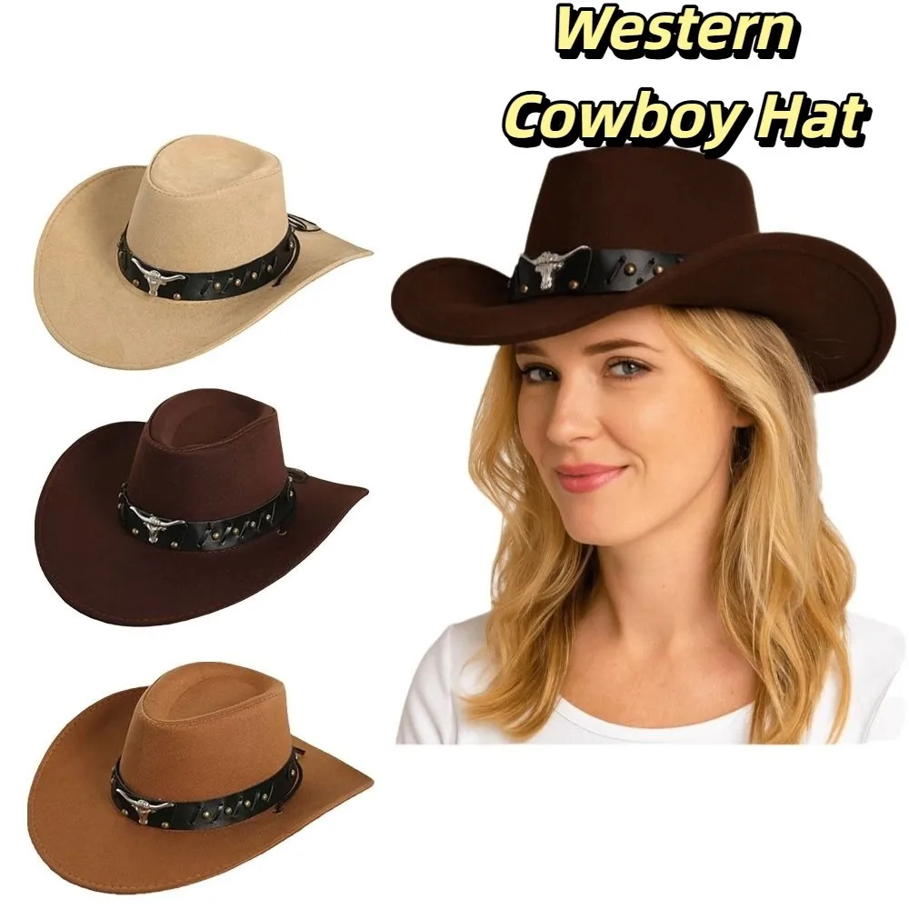 

Gentleman Ethnic Style Western Cowboy Hat Wide Brim Cow Head Cowgirl Jazz Hat Solid Color Polyester Knight Hat Outdoor