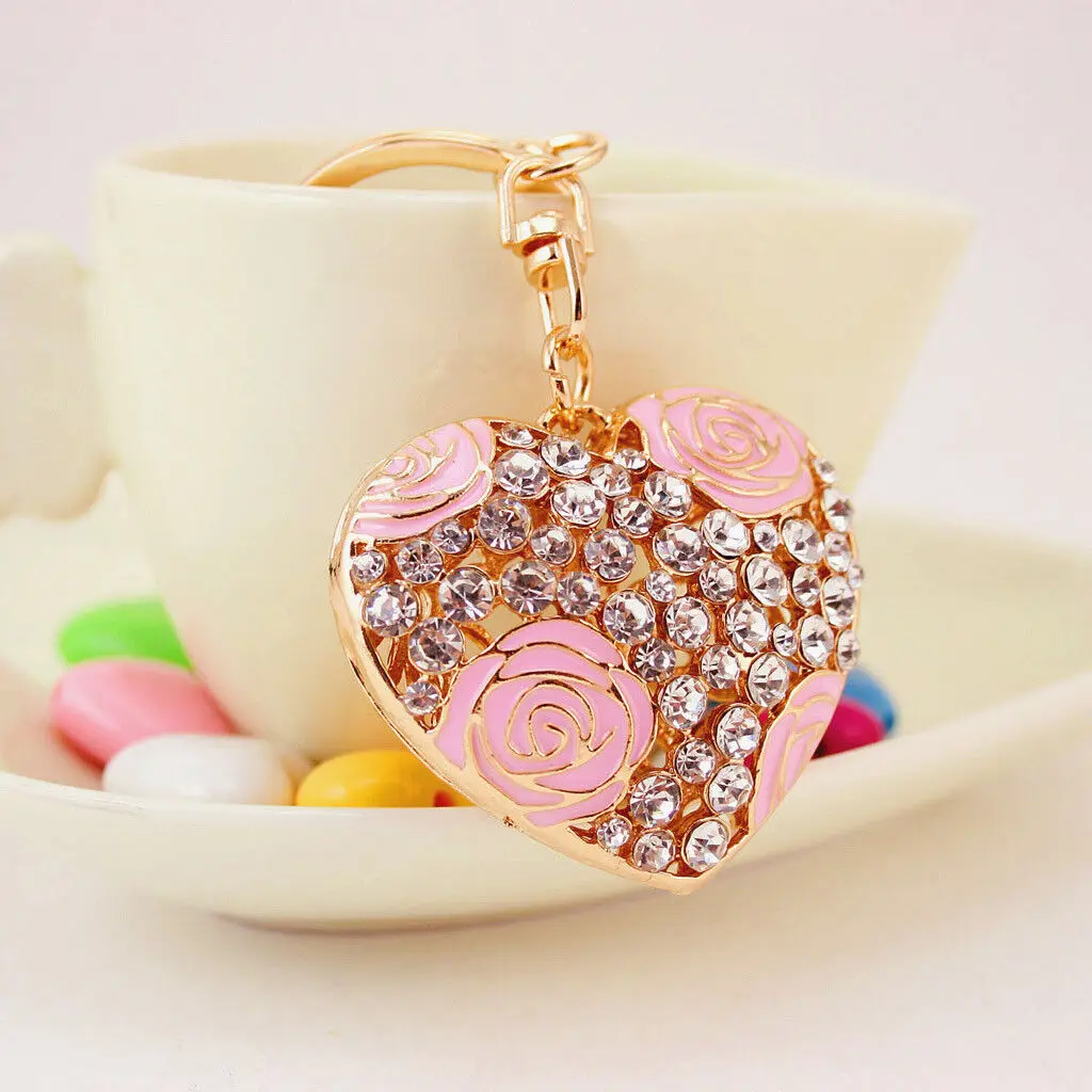 Heart Shape Rose Keychain Valentine Gift Rhinestone Crystal Keyring Car Key Chain Women Men Bag Pendant Hanging Decoration