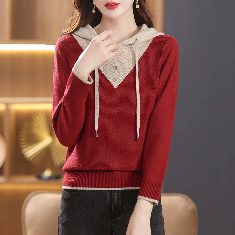 

Middle Aged Mother Hooded Sweater Women's Autumn Winter Knitwears New Fashion Long Sleeve Top Thicken Pull Femme Pullovers