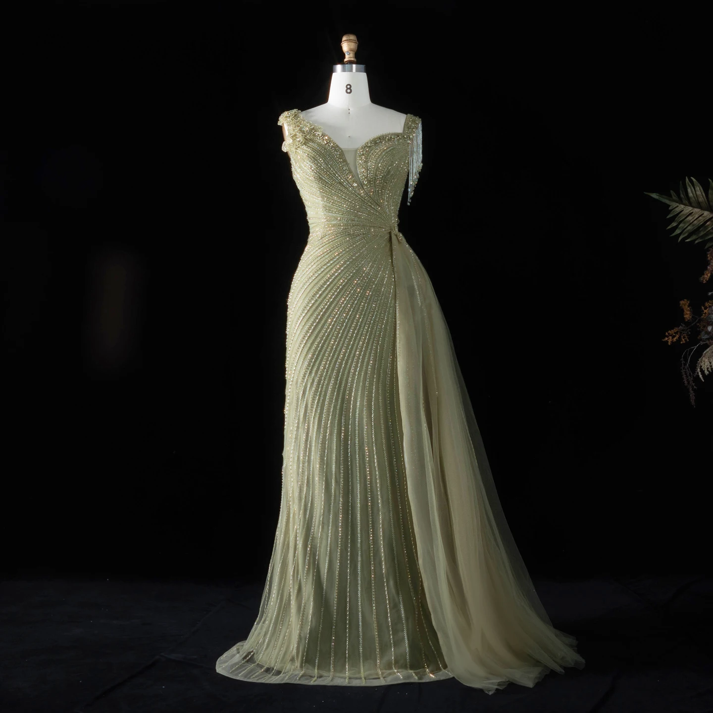 Sharon Said Abendkleid Glamouröses Grünes Tüllkleid mit Perlen und Quasten, Sweetheart-Ausschnitt, Luxuriöses Dubai-Formelles Hochzeits- und Partykleid SS103 Maßanfertigung – Detail 7