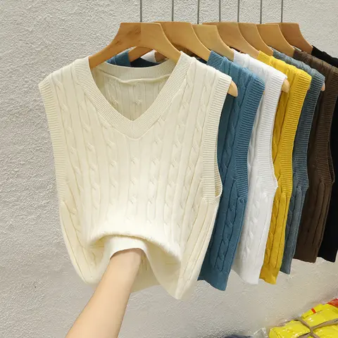 Knitted Women Sweater Vest New Sleeveless V-Neck White Black Knit Sweater Vest Women Tops Outerwears Sueters De Mujer 2025 Q1006