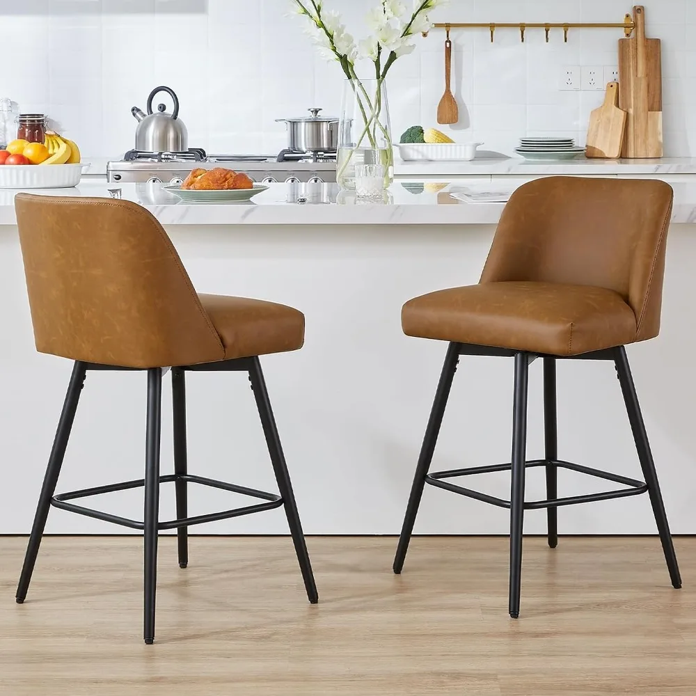 

360°Swivel Counter Height Bar Stools Set of 2,Upholstered Morden Kitchen Barstools with High Backs,26 H Seat Height,Faux Leather