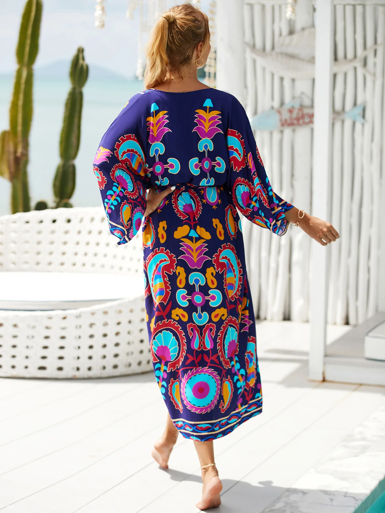 Kimonos Swimsuit Summer Vacation Outfit for Women Beach Robe Long Pool Cover Up Colorful Dress for Swimwear