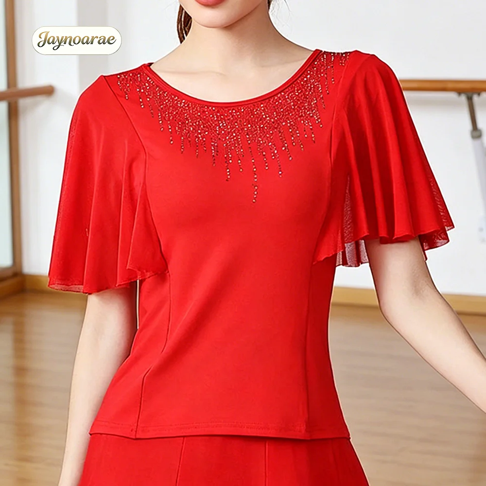 JAYNOARAE Damen Latin Ballroom Tanz Übungs-Top mit Trompetenärmeln, Kurzarm, Modernes Aufführungskostüm