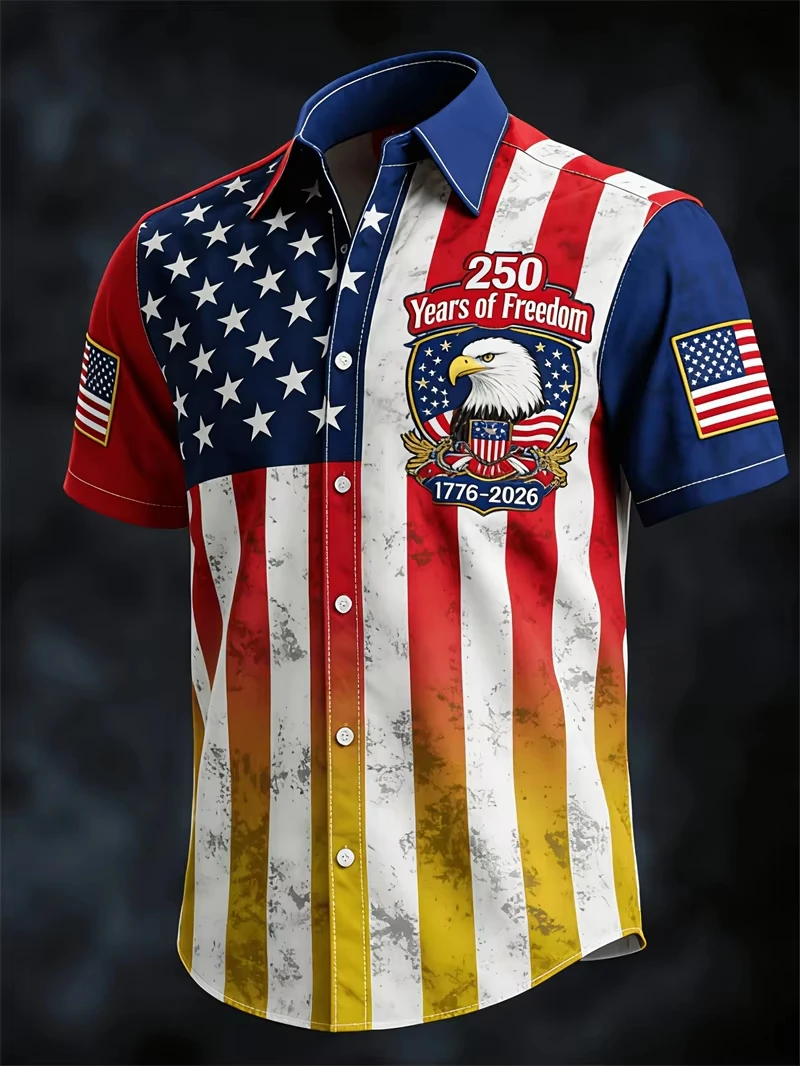 Obrázek 6: Americe 250th výročí krátký rukáv košile pro muži USA standarta grafické vlastenecké košile americký nezávislost den knoflík košile