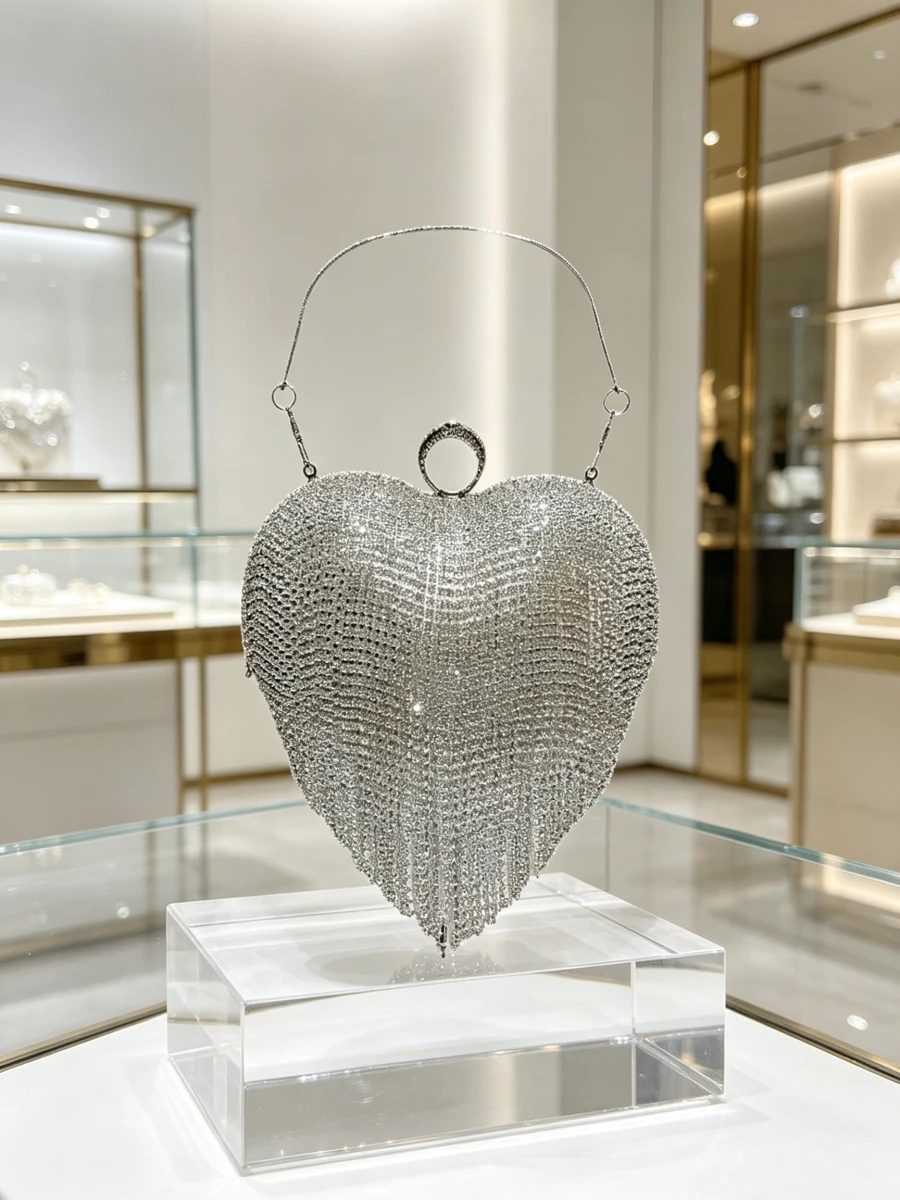 Full Silver Dense Rhinestone Heart Shape Thin Long Chain Lock Clutch Luxury Romantic Evening Purse Mature Women Wedding Banquet