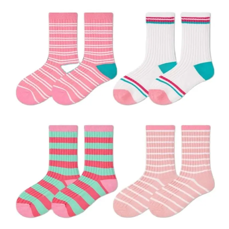 

3-12Year 4Pairs/Lot2024 Spring Double Needle Colored Striped Baby Mid tube Socks Combed Cotton Boneless Girls' Socks