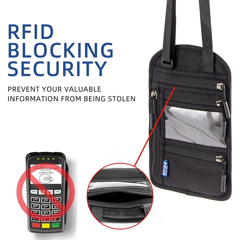 RFID Blocking Card Holder Nylon Anti-Theft Travel Document Card Passport Bag Neck Wallet Money Document Card Storage Bag Pouch