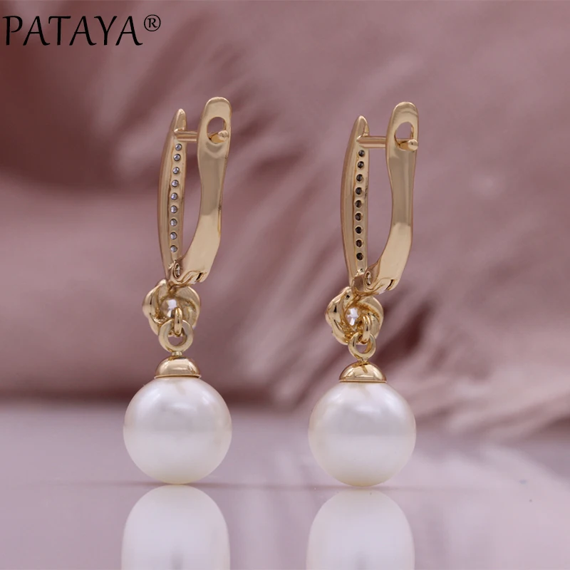 PATAYA New Geometric Pearl Long Drop Earrings for Women 585 Rose Gold Color Natural Zircon Modern Party Daily Fine Jewelry