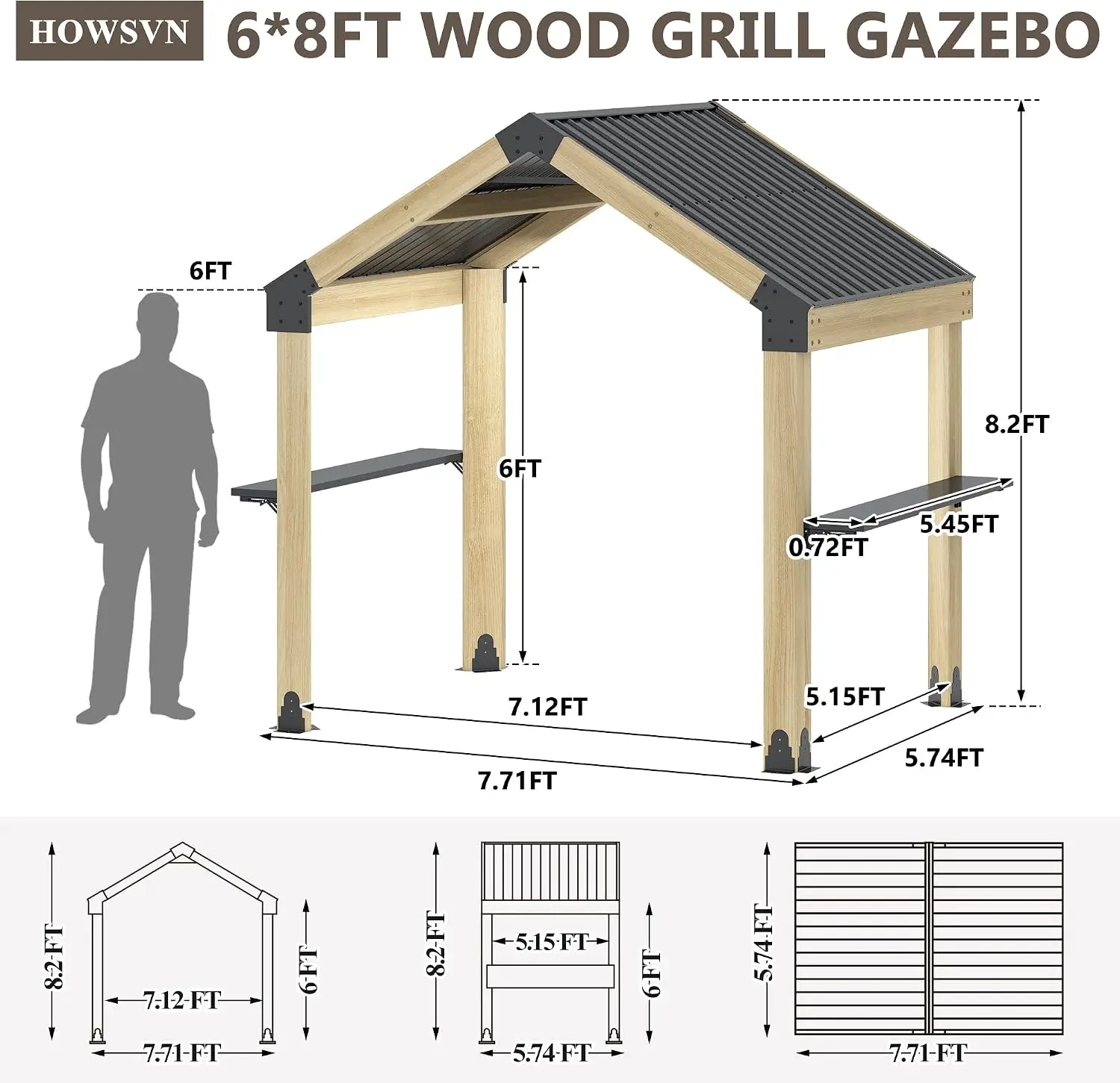 6'x8' Outdoor Grill Gazebo, Wood BBQ Gazebo Hardtop with Sloping Galvanized Steel Roof, 2 Full Size Shelves with BBQ Wooden