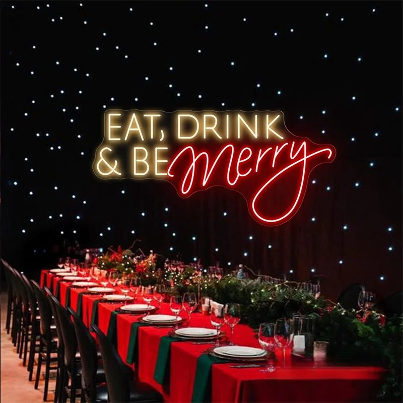 Eat, Drink & Be Merry Neon Sign, Custom Christmas Restaurant Kitchen LED Neon Light Home Wall Coffee Bar Holiday Party Decor