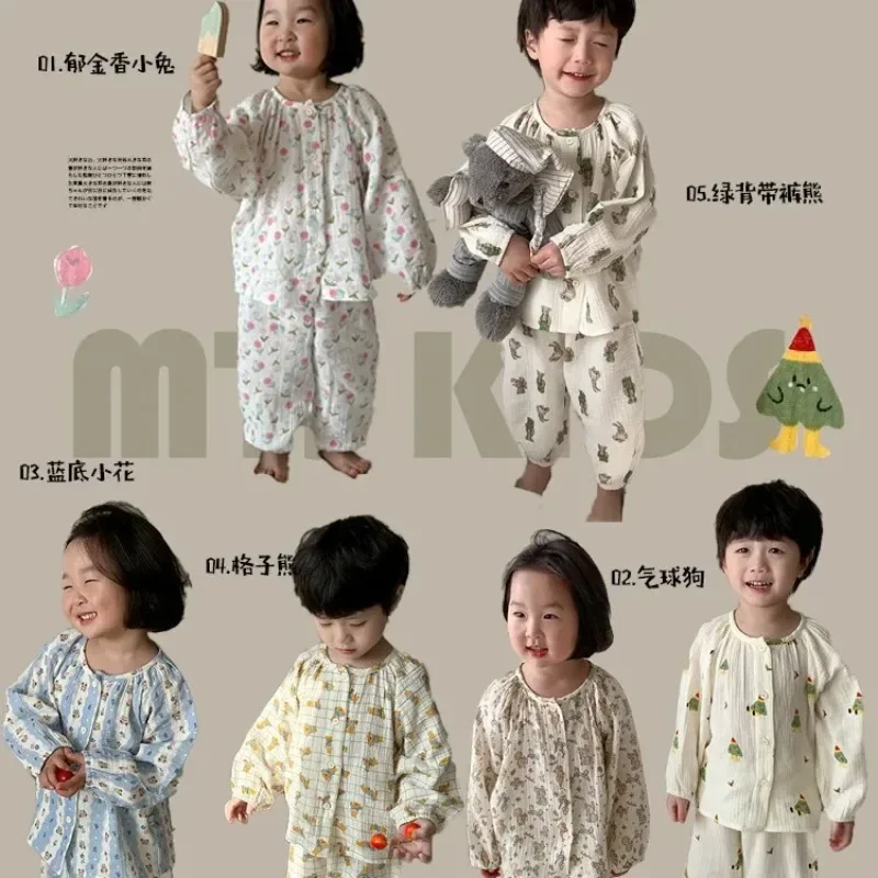 Children's Spring Grade Pajama Set Boys Girls Kids Cartoon Double Layer Gauze Home Clothing Set Baby Sleepwear Two-Piece Set