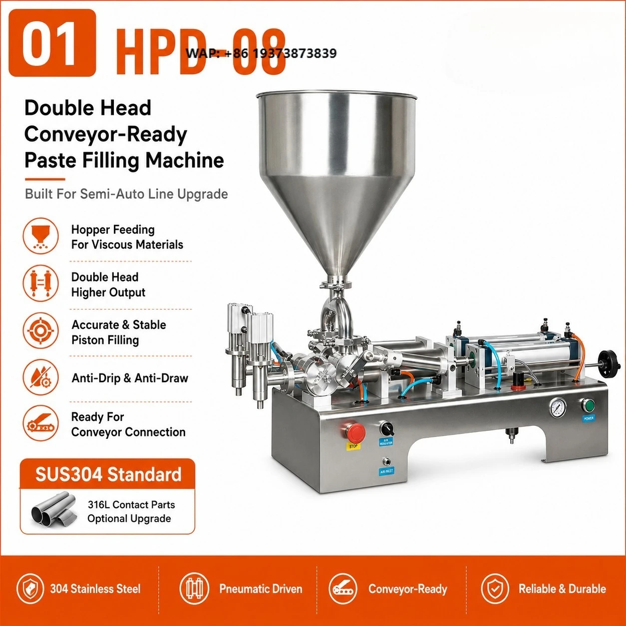 Semi-Automatic Horizontal Double Head Filler 50-2500ml, Pneumatic Piston Machine for Paste, Emulsion, Sauce and Viscous Liquid