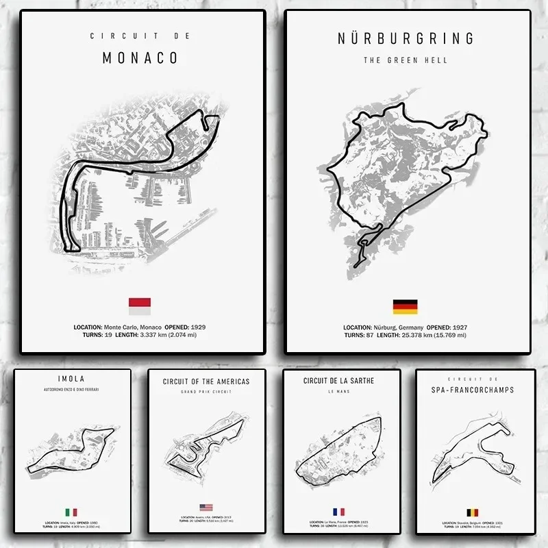 F1 Track Circuit Posters Imola Monaco Formula 1 GP Canvas Painting  Nordic Motorsport Wall Art Picture Room Decor Unframed