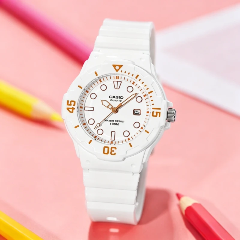Reloj de Cuarzo Analógico para Mujer Casio LRW-200H-7E2, Correa de Resina Blanca, Detalles en Oro Rosa, Resistente al Agua 100M y con Indicador de Fecha