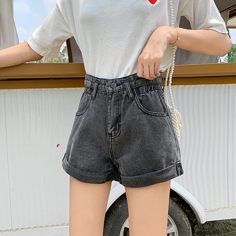 Smoke Grey A-Line Short Pants Women's High Waist Loose Fit Flip-Up Hem Denim Jeans Outerwear Summer Trend plus Size Hot Shorts