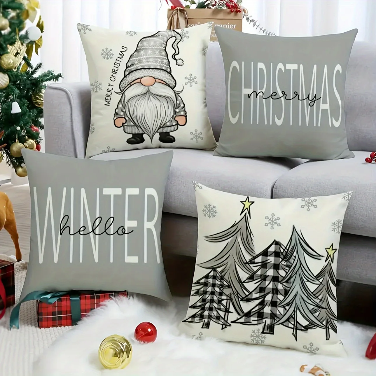 ¡Fundas de almohada festivas con temática navideña e de invierno: gnomos, árboles y diseños de texto acogedores! Decoración del