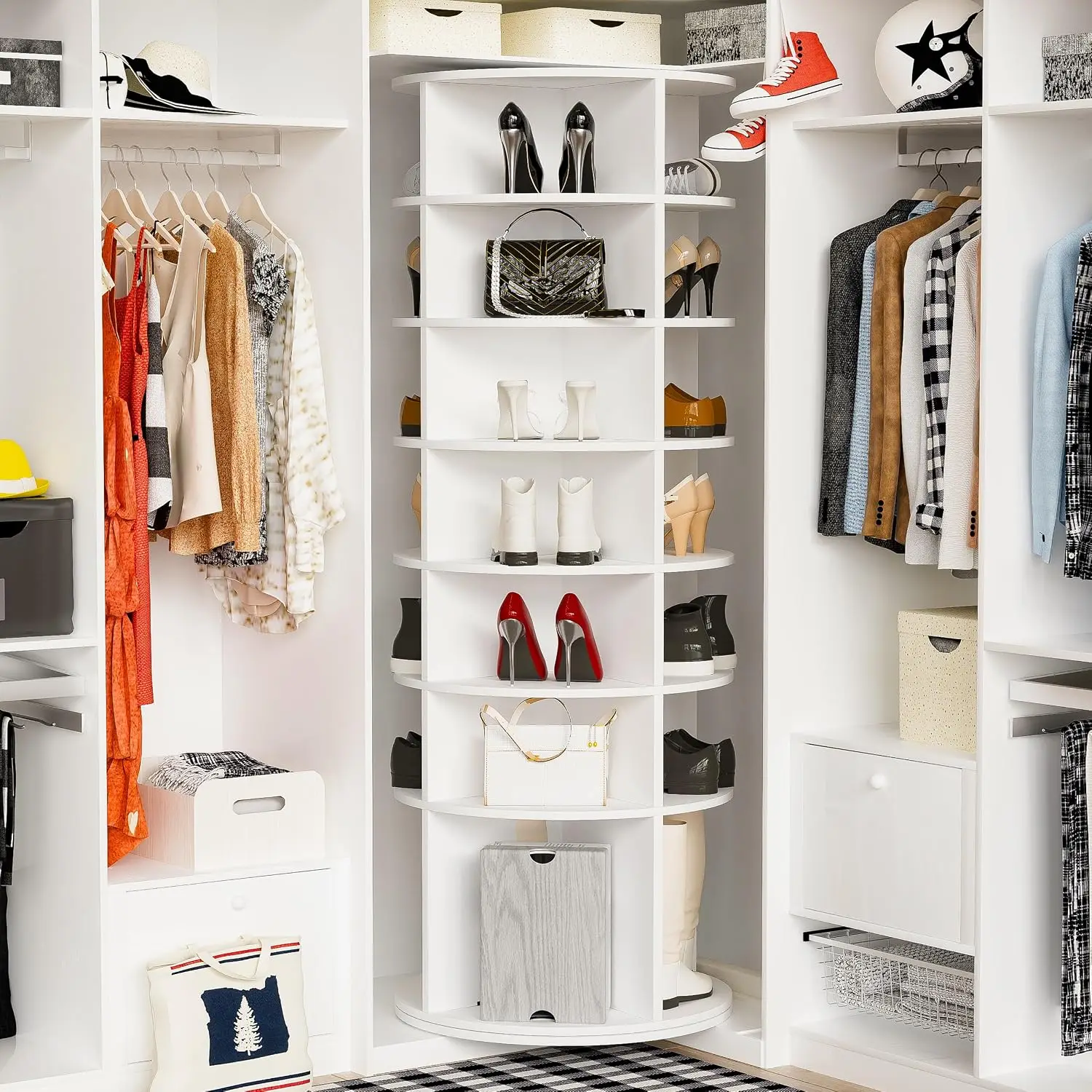 White 7 Tier Rotating Shoe Rack Tower W/High Bottom For Boots, Customized