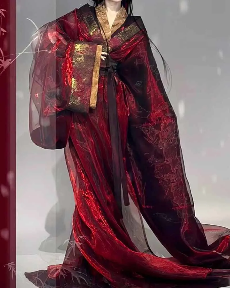 Vestido Hanfu chino tradicional para mujer, traje de Cosplay de guerra, tejido de satén, dorado, deslumbrante, rojo y azul