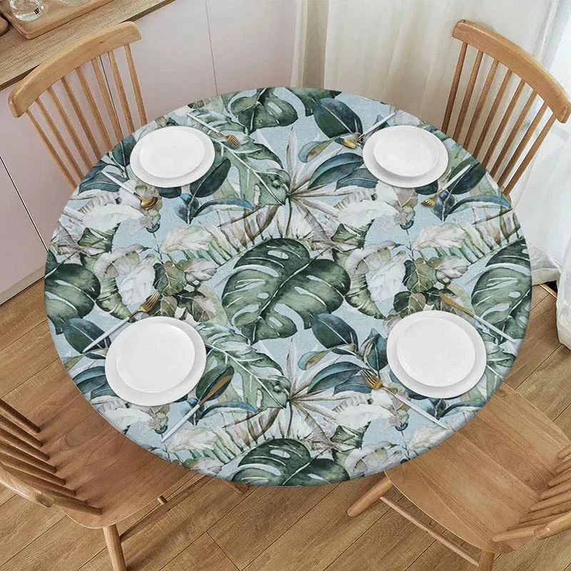 

Watercolor Tropical Leaves Round Tablecloth Fitted Elastic Dining Table Decoration Accessories Jungle Home Kitchen Dining Room