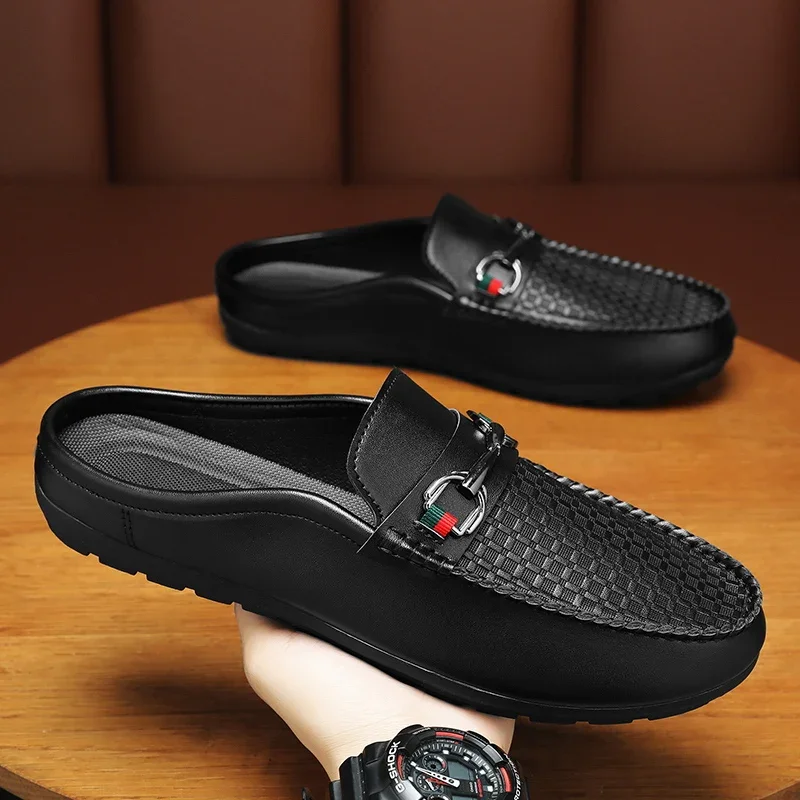 High Quality Fashion Men Genuine Leather Shoes Comfortable Soft Half Slippers Flats Casual Slip-on Loafers Work Driving Shoes