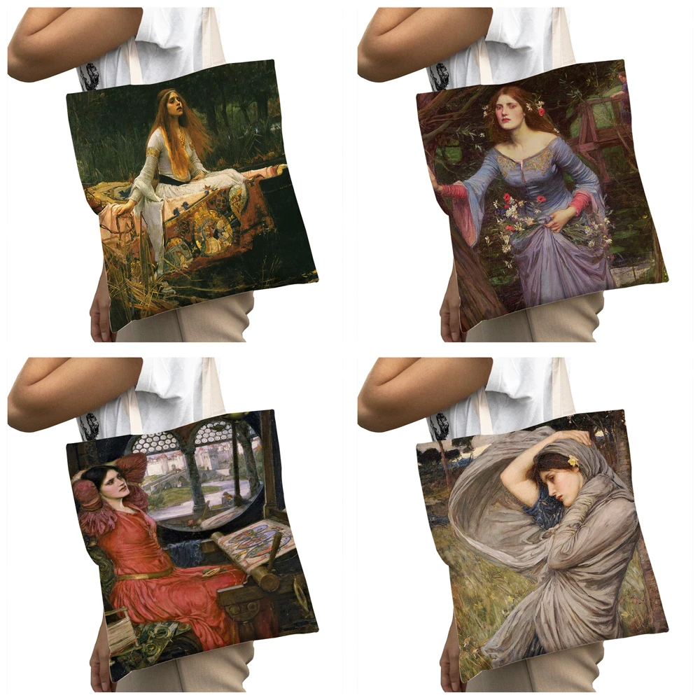 Vintage Style Women Art Casual Canvas Shopping Bags Big Capacity Shopper Bag Double Pattern Lady Folding Tote Cloth Handbag