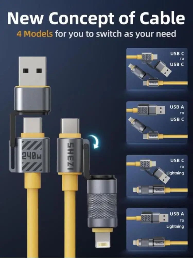Max 240W 4 in 1 Fast Charging CableTwo Drag Two Charging Cables with USB-A/Type-C/Lightning for Samsung Galaxy Phone Accessories