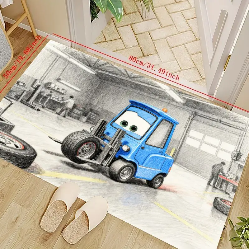 

1 шт. милый мультяшный синий напольный коврик с персонажем вилочного погрузчика, тематический коврик Sketch Art Garage Workshop для декора детской комнаты, нескользящая стирка
