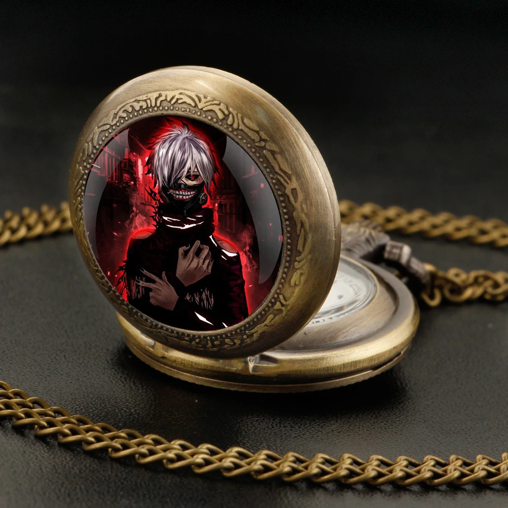 Tokyo Ghoul Design Glass Dome Quartz Pocket Watch, Cadeia Durável, Numeral árabe Dial, Presentes Criativos para Homens e Mulheres