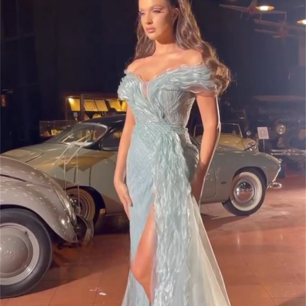 Women Elegant Off-the-shoulder Mermaid Celebrity Dress Draped Shirred Floor length Organza Evening  فساتين سهره