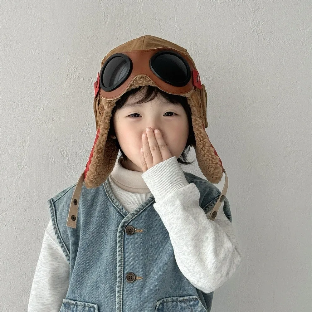 

Durable Fashion Cute Cartoon Children Pilot Hat Windproof Cold Proof Ear Protection Cap with Glasses Thickned Warm Hat Winter