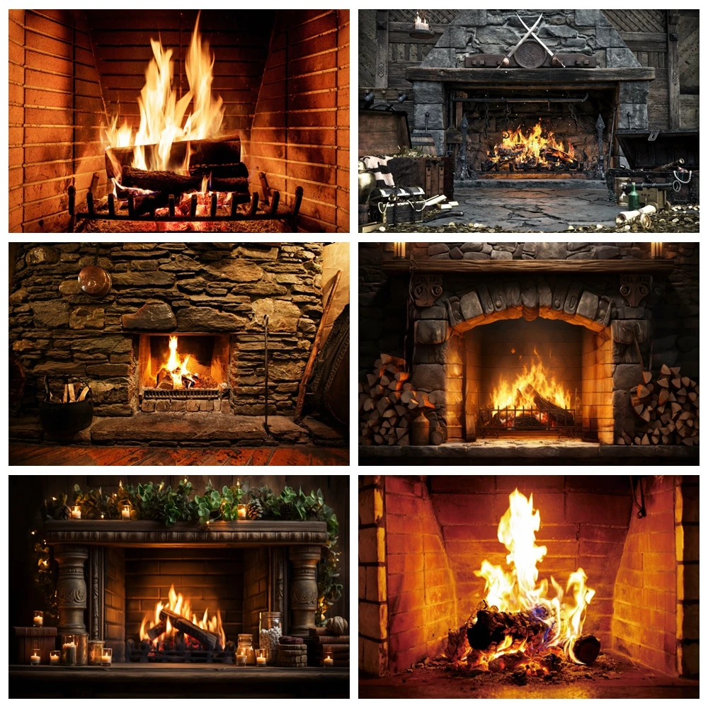 Christmas Fireplace Photography Background Winter Vintage Industrial Fireplace Flame Brick Backdrop Baby Potrait Photo Studio