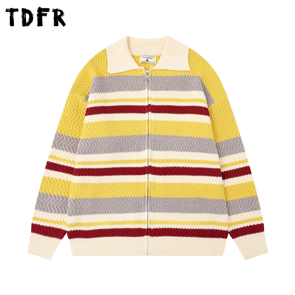 

Color Block Striped Sweater Cardigan Mens Autumn Winter Casual Retro Loose Lapel Long Sleeve Knitted Sweatercoat Man