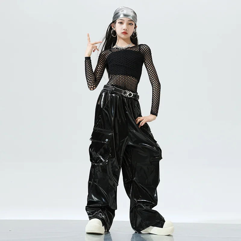 أطفال بنات ملابس رقص الجاز الأسود صافي قمم السراويل الجلدية الاطفال الهيب هوب أداء الملابس Kpop الحديثة مرحلة الرقص ارتداء