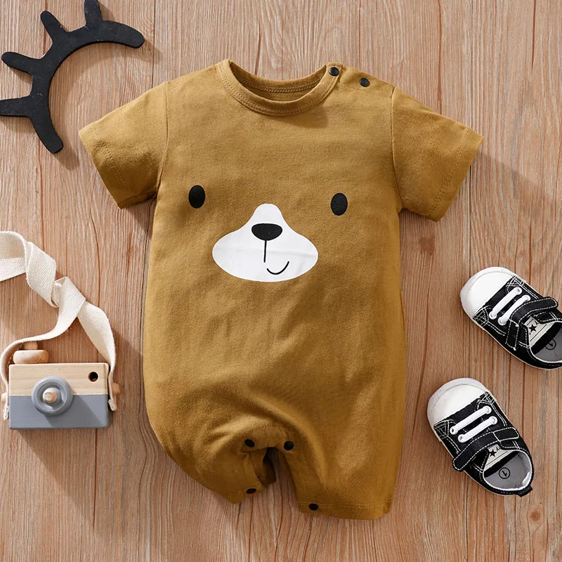 Summer Boys and Girls Cartoon Brown Little Bear Print Cotton Comfortable Short Sleeve Baby Clothing Bodysuit