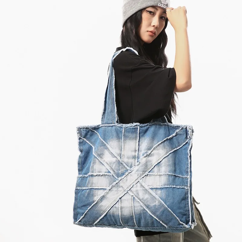 Old Retro Denim Bag Korean Version Literary Shoulder Bag Lazy Wind Large Capacity Splicing Portable Tote Bag for Men and Women