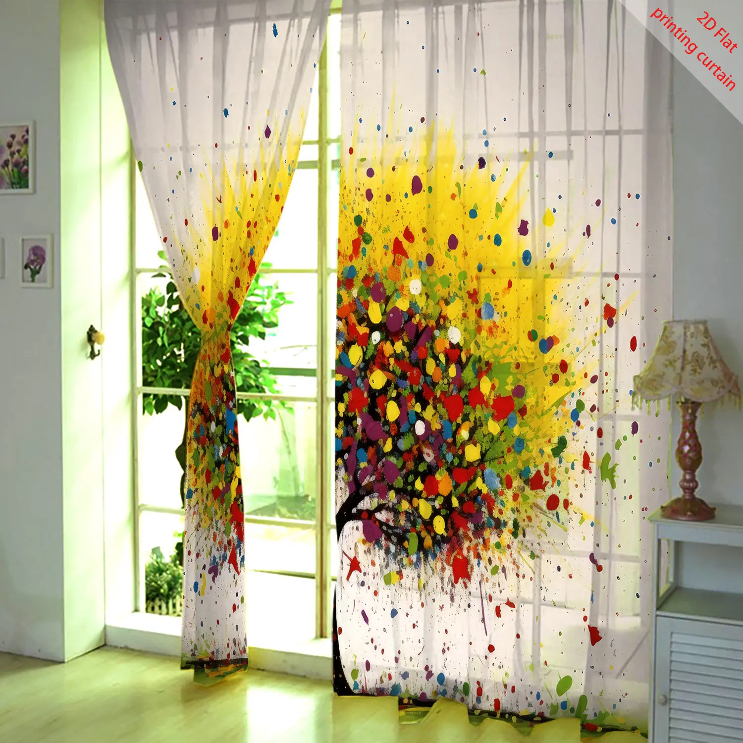 Colorful tree printed transparent screen curtain, aesthetic window decoration, suitable for home, office, dormitory, balcony