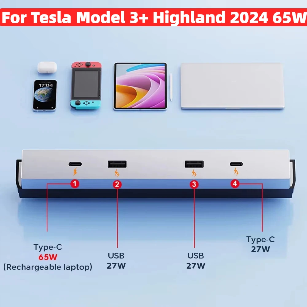 

For Tesla Model 3+ Highland 2024 65W Expansion Dock Central Control Charging Shunt USB HUB Accessories Extender Fast Intelligent